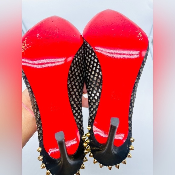 Christian Louboutin Black Leather Mesh Guni Spiked Gold stud 100mm pumps EU 38.5 - Picture 14 of 14